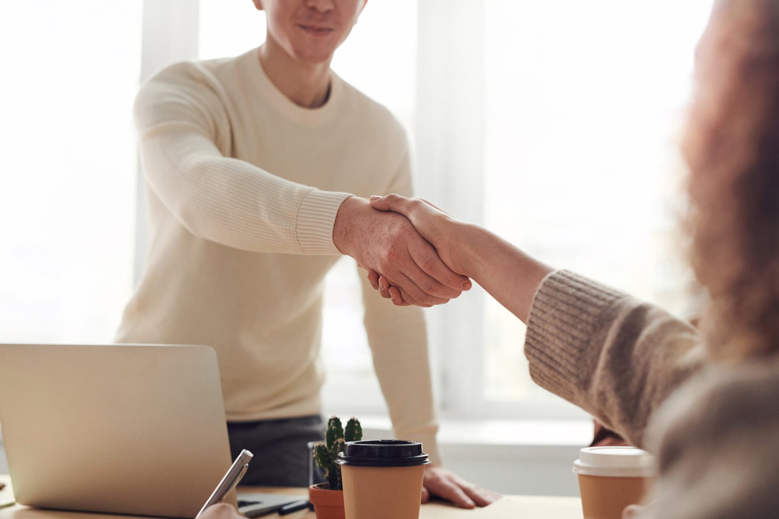 Consultant and client shaking hands across a table